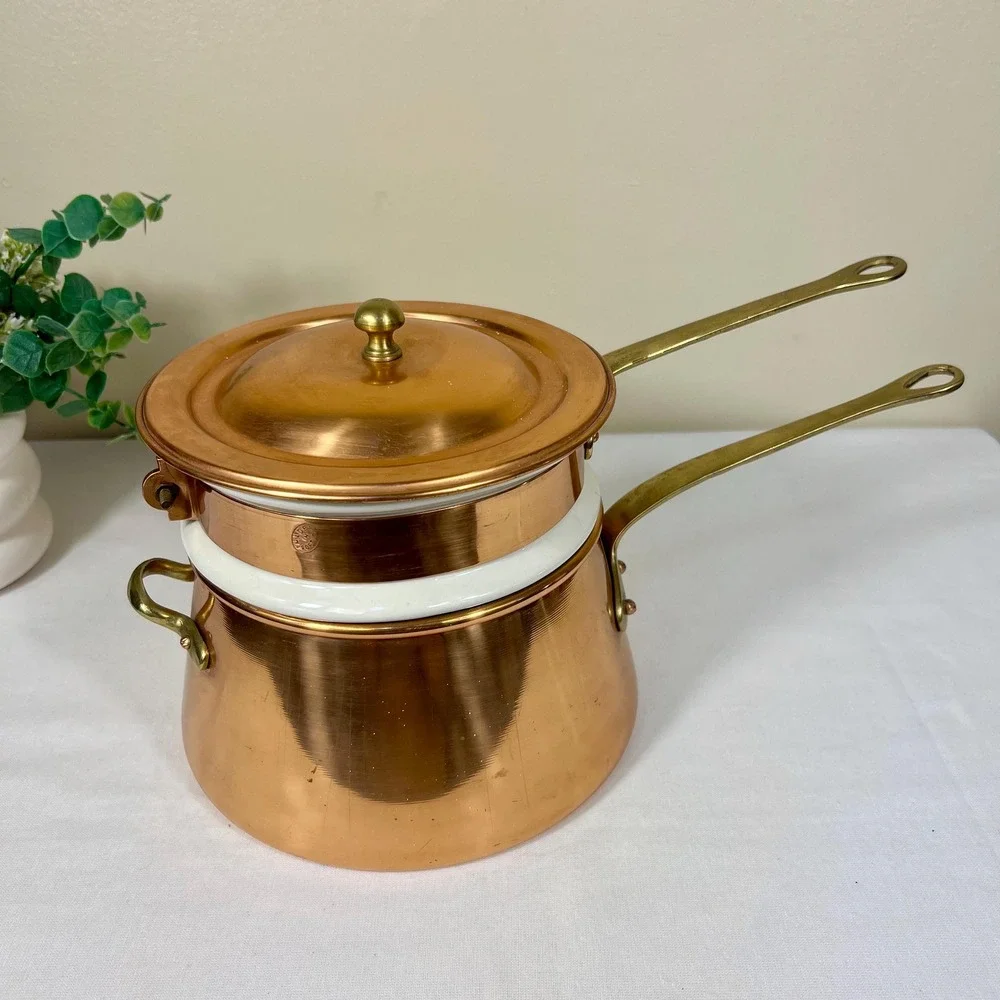 Vintage Copper Double Boiler With Brass Handles | 3 Piece Set